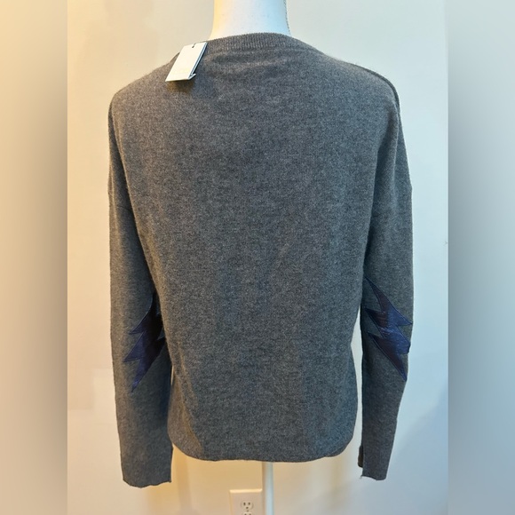Zadig & Voltaire Cici Patch Cashmere Sweater L NWT Grey Lightening Bolt - Picture 9 of 16